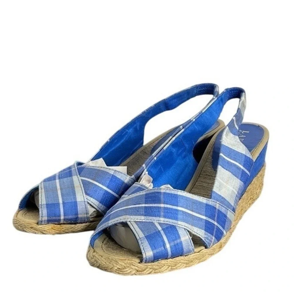 Lauren‎ Ralph Lauren Womens CAMARA Blue Plaid Wedge Slingback Sandals Size 10B